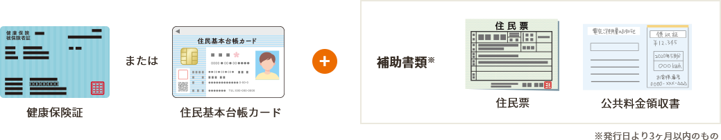 健康保険証または住民基本台帳カード＋補助書類※（住民票/公共料金領収書）※発行日より3ヶ月以内のもの